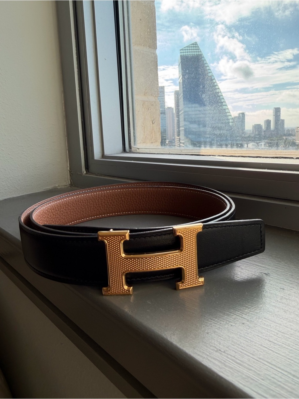 Hermes H Guilloché Reversible Leather Belt with Gold 'H' Buckle